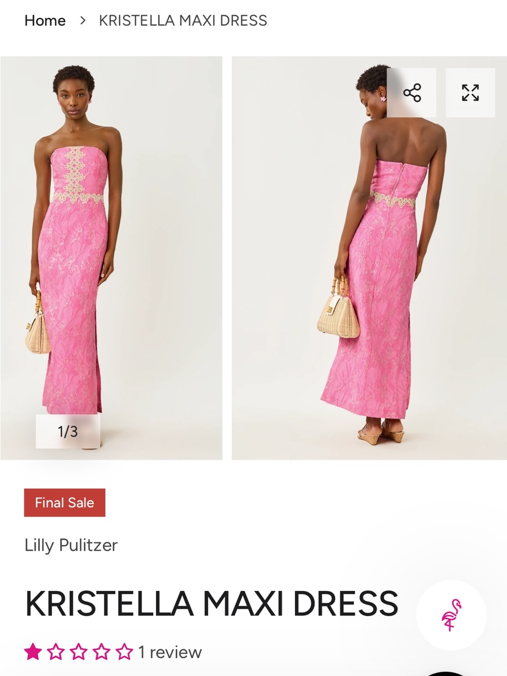 Lilly Pulitzer Pink Strapless Maxi Dress with Gold Trim